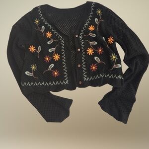 SHEIN Black Cropped Knit Cardigan with Multicolor Floral Embroidery